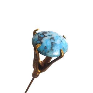 Long Hat Dress Pin Vintage Brass Blue Glass Bead Gold Tone Straight Dome